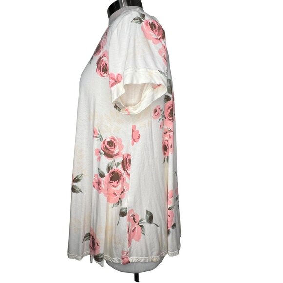 Lula Roe Medium Top short Sleeve Round Neck White Pink Floral Stretch - Picture 6 of 14